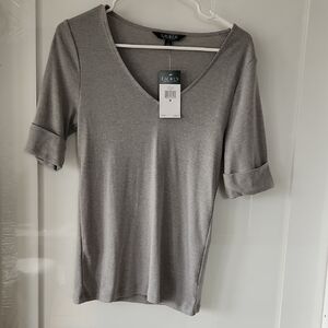 Lauren Ralph Lauren Light Gray V-Neck Short Sleeve Top